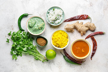 Traditional Indian food and spices on grunge background