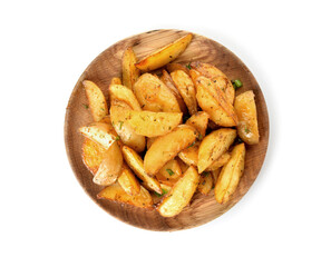 Plate with tasty baked potato on white background