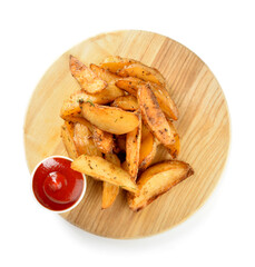 Wooden board with tasty baked potato and tomato sauce on white background