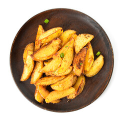 Plate with tasty baked potato on white background