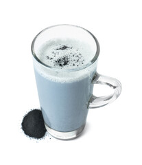 Glass cup of tasty Charcoal Latte on white background
