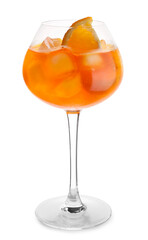 Glass of Aperol spritz cocktail on white background