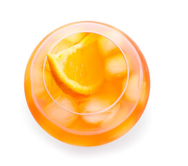 Glass of Aperol spritz cocktail on white background