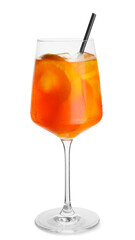 Glass of Aperol spritz cocktail on white background