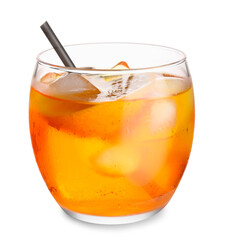 Glass of Aperol spritz cocktail on white background