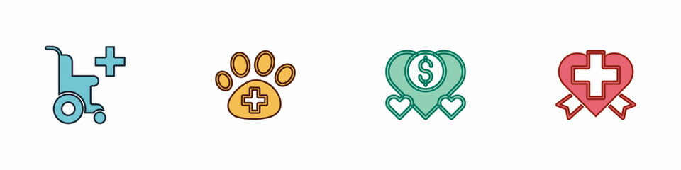 Fototapeta premium Set Wheelchair for disabled person, Veterinary clinic, Donation and charity and Heart with cross icon. Vector