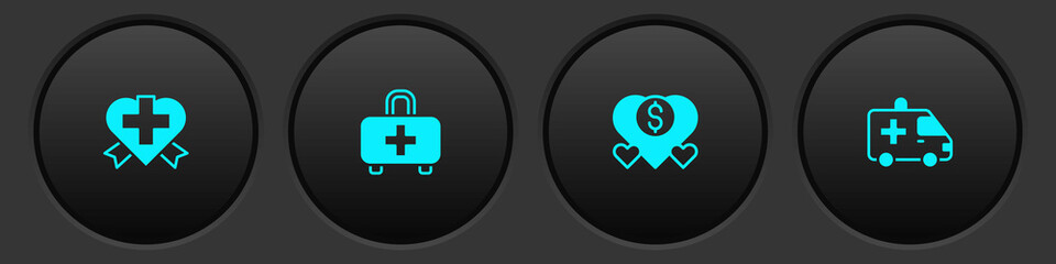 Set Heart with cross, First aid kit, Donation and charity and Ambulance car icon. Vector