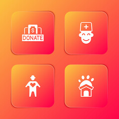 Set Donation and charity, Male doctor, Volunteer and Animal shelter house icon. Vector