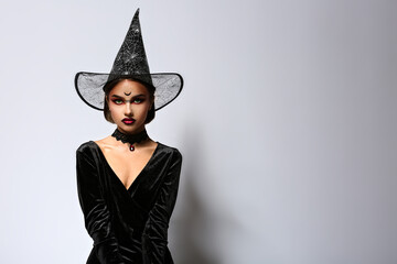 Beautiful woman dressed as witch for Halloween on light background