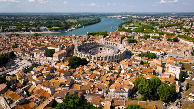 The aerail view of Arles, a city on the Rh&ocirc;ne River in the Provence region of southern France
