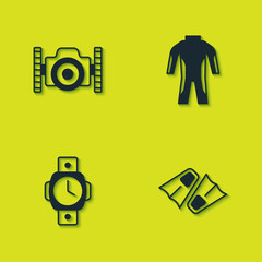 Set Photo camera for diver, Flippers swimming, Diving watch and Wetsuit scuba diving icon. Vector