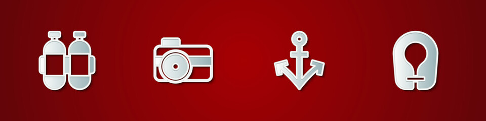 Set Aqualung, Photo camera for diver, Anchor and Life jacket icon. Vector