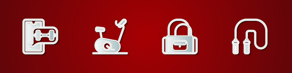 Set Fitness app, Stationary bicycle, Sport bag and Jump rope icon. Vector