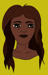 Ciemnoskóra kobieta na żółtym tle. - obrazy, fototapety, plakaty