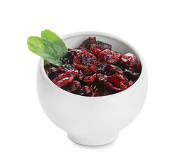 Bowl with tasty dried cranberries on white background