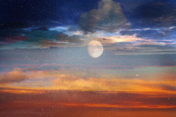 night starry sky full moon universe cosmic dramatic clouds pink orange blue milky way 