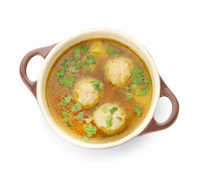Cooking pot with tasty meatball soup on white background