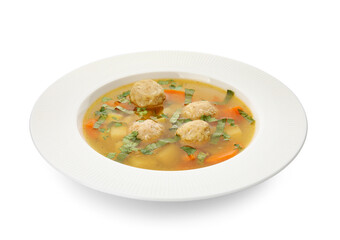 Bowl with tasty meatball soup on white background