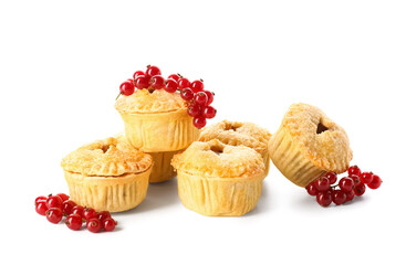Delicious mince pies with cranberry on white background
