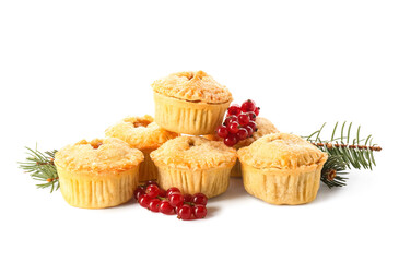 Christmas mince pies with cranberry and fir branches on white background