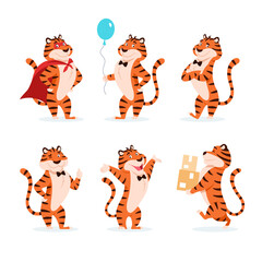 Cartoon tigers set. Holiday characters for New Year 2022. Adorable flat Chinese symbol. Smiling orange striped wildcat with balloon, superhero, parcel, ok hand gesture. Xmas animal vector illustration