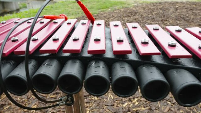 Closer look of the xylophone instrument on the playground for kids to play in Estonia
