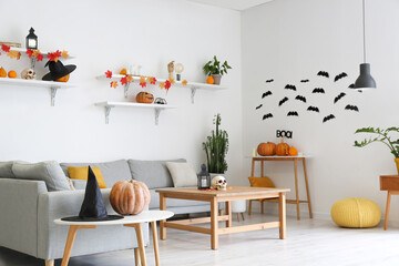 Interior of modern living room decorated for Halloween