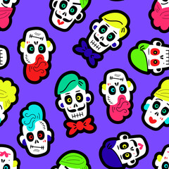 Seamless pattern with colorful funny skulls