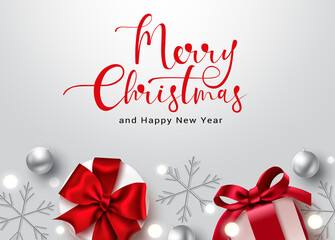 Fototapeta na wymiar Merry christmas text vector background design. Merry christmas typography text with gifts and snowflakes xmas element in silver background with empty space for greeting card decoration.