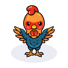 Cute happy little rooster cartoon raising hands