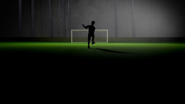 3d render of soccer field at night in the forest with silhouette player shooting penalty or free kick in slow motion as if a man training football in dreamy and surreal atmosphere