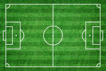 Fototapeta na wymiar Striped grass soccer or football field. Green lawn court for sport background. Top view