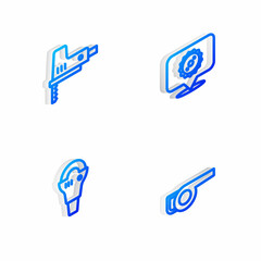 Set Isometric line Circular saw blade, Electric jigsaw, Angle grinder and Leaf garden blower icon. Vector