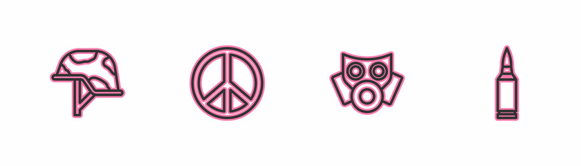 Set line Military helmet, Gas mask, Peace and Bullet icon. Vector