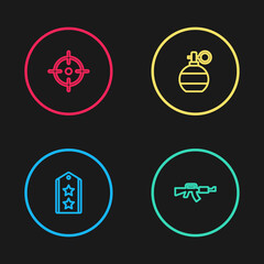 Set line Military rank, M16A1 rifle, Hand grenade and Target sport icon. Vector