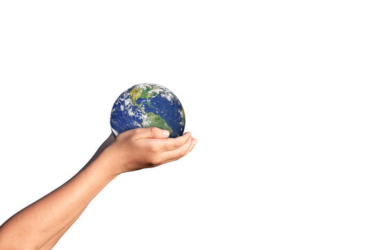 Earth, globe in hand isolated on white background. Elements of this image furnished by NASA