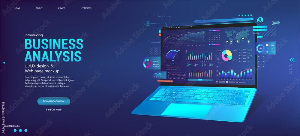 Aufkleber Business dashboard with analysis and analytics online through the application on a laptop. Investment and financial management with deep data analytics on dashboard app. Trade and finance management