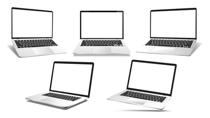 Open 3D mockup laptops in different positions - front view, perspective and isometric. Great set Mockups in realistic style with blank screen and shadow. Notebook template for presentation. Vector set