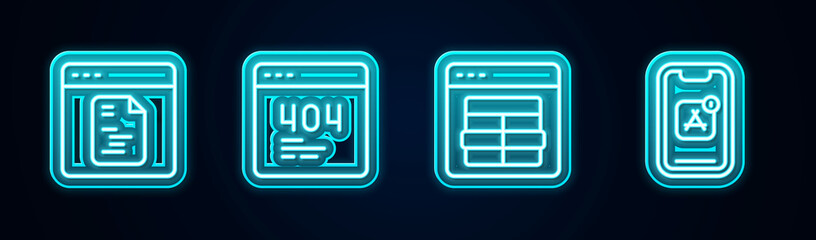 Set line Software, Page with 404 error, MySQL code and Mobile Apps. Glowing neon icon. Vector