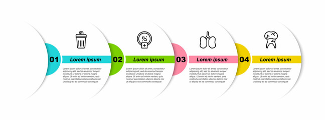 Set line Trash can, Stop smoking, money saving, Lungs and Tooth with caries. Business infographic template. Vector