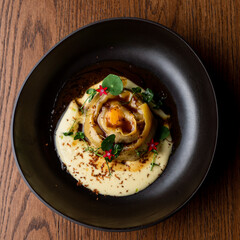 Single ravioli with creamy sauce and chicken filling,?gourmet meal in a restaurant
