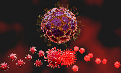 Mutation from Alpha, Delta to MU . Covid-19 virus mutates or develops a strain. enter the body Head to the lungs and attack the lungs, respiratory system. 3D Rendering Coronavirus Concept.