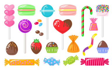 Candy sweets, marshmallow, hard candy on stick, dragee, macaroon, jelly worm, chocolate heart, strawberry, colorful set. Flat and cartoon style. Assorted bonbon isolated on white background. Vector