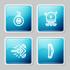 Set line Bomb ready to explode, Magic ball, arrow and Medieval bow icon. Vector