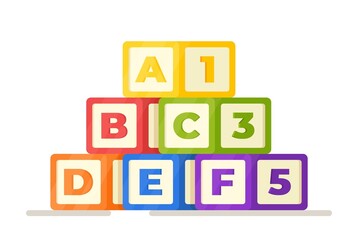Vector illustration of alphabet. Cubes with letters and numbers. Alphabet on dice. Study. Preparing for school. Educational games.  