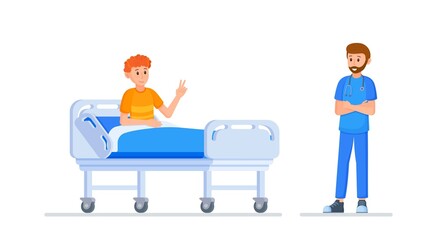 Vector illustration of a doctor's appointment. A doctor checking the patient's condition. After surgery. IV. Improvement.  