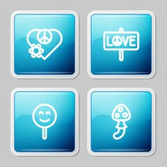 Set line Love peace, Peace, Smile face and Psilocybin mushroom icon. Vector