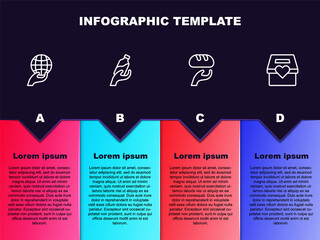 Set line Hand holding Earth globe, Donation water, food and charity. Business infographic template. Vector