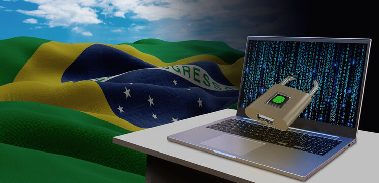 Waving national flag of the Brazil. Concept for information technology and data security safety to prevent cyber attack. Internet and network security.
