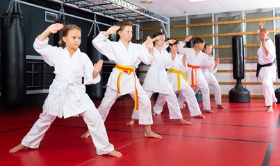 Fototapeten Karate kids in kimono performing kata moves with their teacher in gym during group training. © JackF